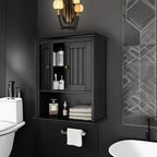 Treocho Wood Wall Cabinet Bathroom Medicine Cabinet Storage with Doors and Adjustable Shelf Wall Mount for Bathroom, Livingroom, Kitchen, Cupboard, Black