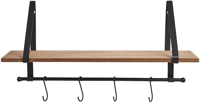 Farmhouse Bathroom Collection - Wall Shelf w/Hooks Natural