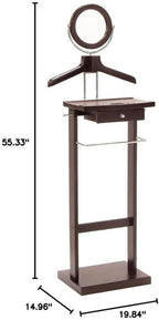 Solid Wood Clothes Valet Stand in Dark Espresso with Round Mirror, Drawer, Tray, Pants and Tie Hangers, and Shoe Base, Elegant Clothing Valet for Bedroom