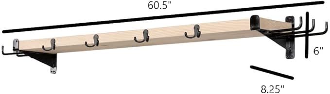 Snowboard and Ski Storage Rack for Garage - Unfinished Indoor Ski Storage Shelf with 10 Hooks - Made in The USA - Ski Rack Dimensions 8.25" D x 60.5" W x 6" H