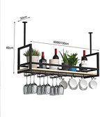 Ceiling Shelf Wine Glass Holder - Wrought Iron & Solid Wood Rack, Ceiling Mounted or Wall Display for Plants, Kitchen Floating Shelf, Black, 80 * 30 * 60CM(31 * 12 * 24 in)