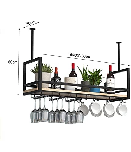 Ceiling Shelf Wine Glass Holder - Wrought Iron & Solid Wood Rack, Ceiling Mounted or Wall Display for Plants, Kitchen Floating Shelf, Black, 80 * 30 * 60CM(31 * 12 * 24 in)