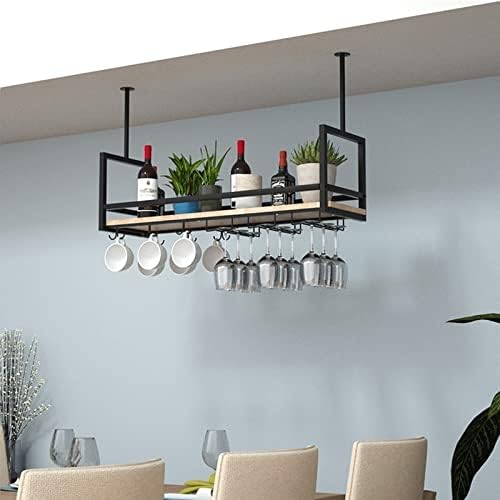 Ceiling Shelf Wine Glass Holder - Wrought Iron & Solid Wood Rack, Ceiling Mounted or Wall Display for Plants, Kitchen Floating Shelf, Black, 80 * 30 * 60CM(31 * 12 * 24 in)
