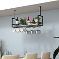 Ceiling Shelf Wine Glass Holder - Wrought Iron & Solid Wood Rack, Ceiling Mounted or Wall Display for Plants, Kitchen Floating Shelf, Black, 80 * 30 * 60CM(31 * 12 * 24 in)