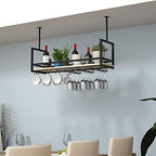 Ceiling Shelf Wine Glass Holder - Wrought Iron & Solid Wood Rack, Ceiling Mounted or Wall Display for Plants, Kitchen Floating Shelf, Black, 80 * 30 * 60CM(31 * 12 * 24 in)
