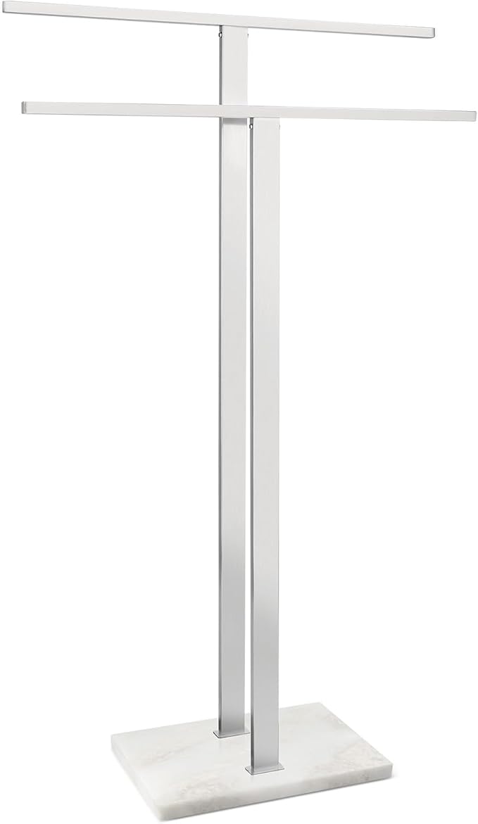Koville Standing Towel Rack for Bathroom with Marble Base, 2-Tier No-Drill Floor Bathroom Towel Rack with Sturdy 304 Stainless Steel, Easy Assembly Heavy-Duty Towel Stand for Home