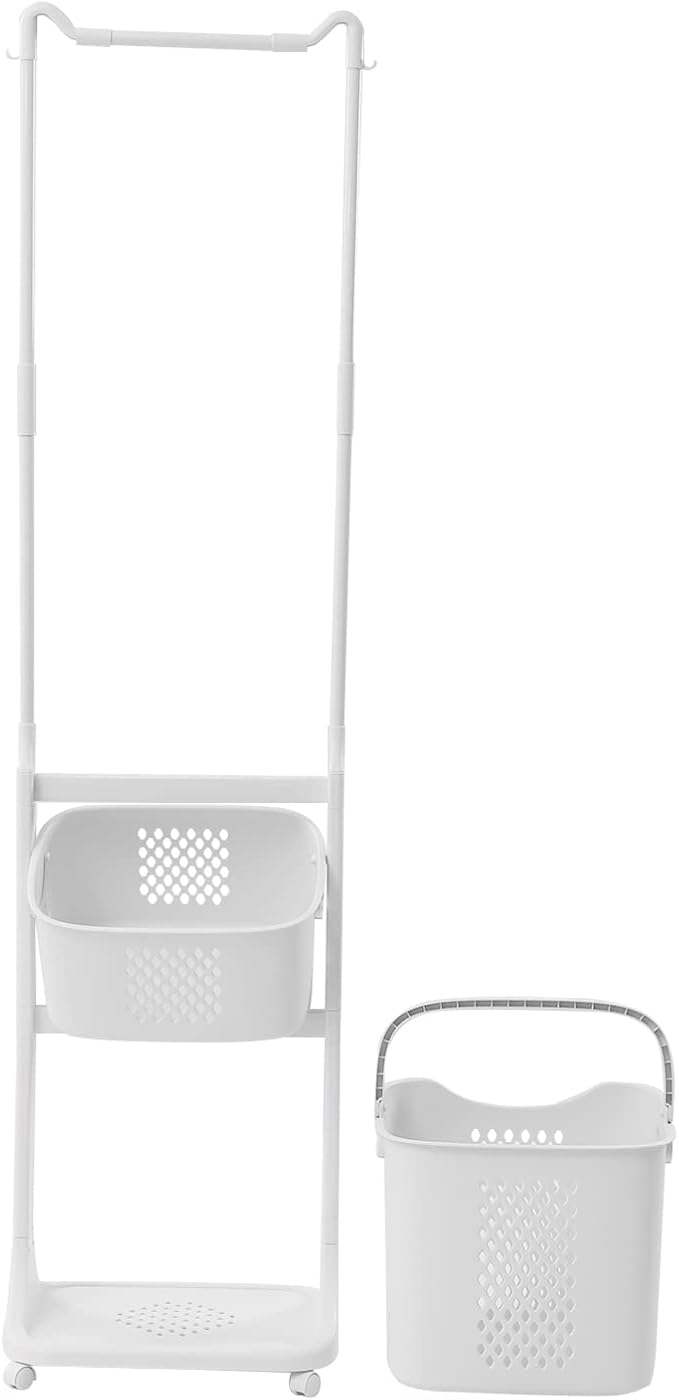 Laundry Sorter Cart with Clothes Rack 2 Layer Laundry Hamper Basket with Hanging Stand Dirty Clothes Storage Basket with 4 Wheels Simple Storage Shelf for Bathroom Cloakroom Bedroom White
