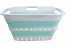 SAMMART 30L (8 Gallon) Collapsible 3 Handled Plastic Laundry Basket - Foldable Pop Up Storage Container/Organizer - Space Saving Hamper/Basket (White/Lake Green)