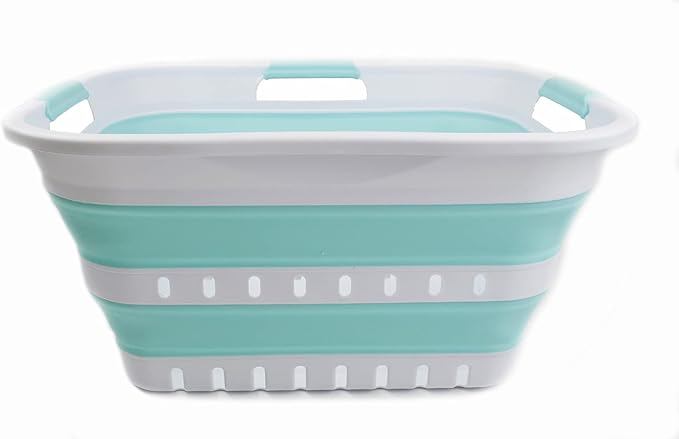 SAMMART 30L (8 Gallon) Collapsible 3 Handled Plastic Laundry Basket - Foldable Pop Up Storage Container/Organizer - Space Saving Hamper/Basket (White/Lake Green)