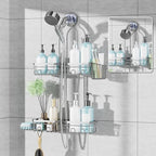 KEGII Shower Caddy Hanging for Handheld Showerheads, Rustproof Hanging Shower Organizer with Soap Dish, Toothbrush Holder and Hooks, Over Showerhead Caddy for Bathroom, Silver
