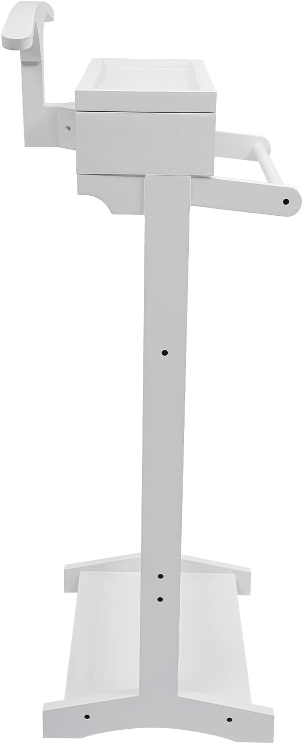 Wood Suit Valet Stand for Men, Clothes Organizer with Drawer, Accessory Tray, and Trouser Bar, Freestanding Suit Stand for Bedroom and Closet Organization, White