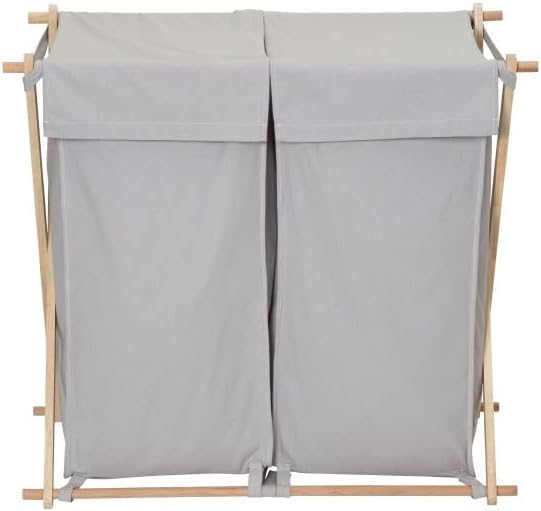 Household Essentials X-Frame Wood Laundry Sorter, Collapsible Wood Frame with Washable Gray Poly-Cotton Bags, Naturally Stylish Large