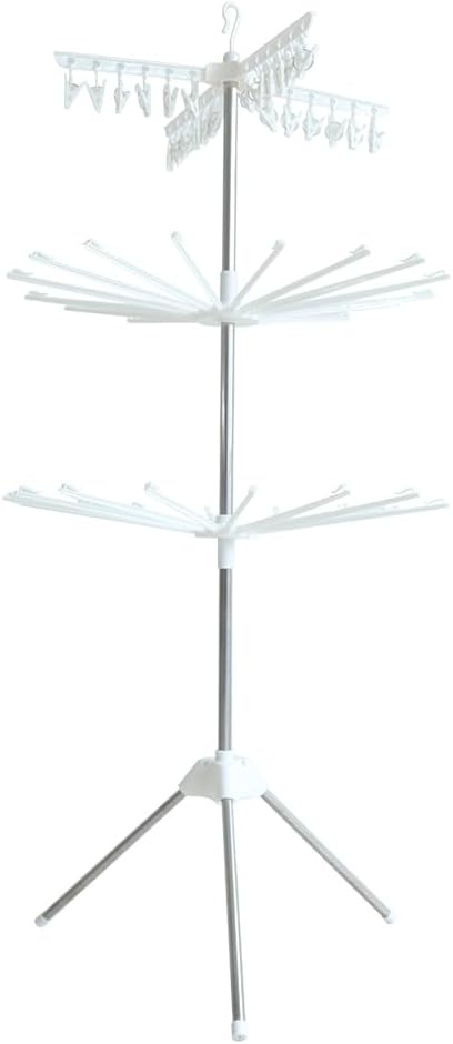 3-Tier Foldable Clothes Drying Rack, 66.93" Laundry Rack with 24 Sock Clips & Rotating Rail, Space-Saving for Balcony (White)