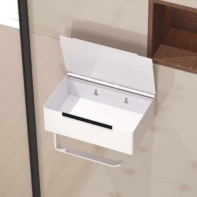Generic Wall Mounted Toilet Paper Holder with Storage Box, White Metal, Modern Design, 8.07x4.92x3.74 Inches, Self-Adhesive Installation