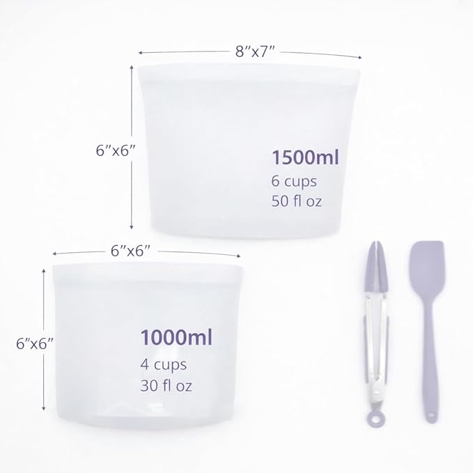 Reusable Silicone Food Storage Containers (2 Pack) with Leak-Resistant Lids + Silicone-Tipped Stainless Steel Tongs & Spatula | Food-Grade, Freezer & Meal Prep Safe