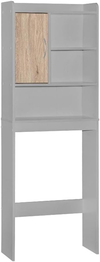 Pemberly Row Over the Toilet Storage Cabinet, Light Gray and Oak Finish, Engineered Wood, 3 Open Shelves, 2 Enclosed Shelves, Modern Bathroom Organizer, Space-Saving Design, 9.5” D x 23.5” W x 67” H