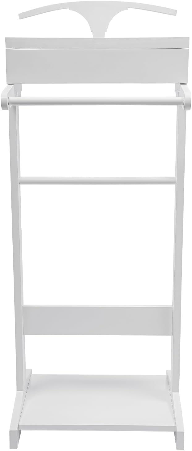 Valet Stand, Wood Suit Rack for Man and Women Freestanding Clothing Suit Stand with Drawer Top Tray Trouser Holder 22 lbs Capacity Coat Stand for Entryway Office Living Room (White)