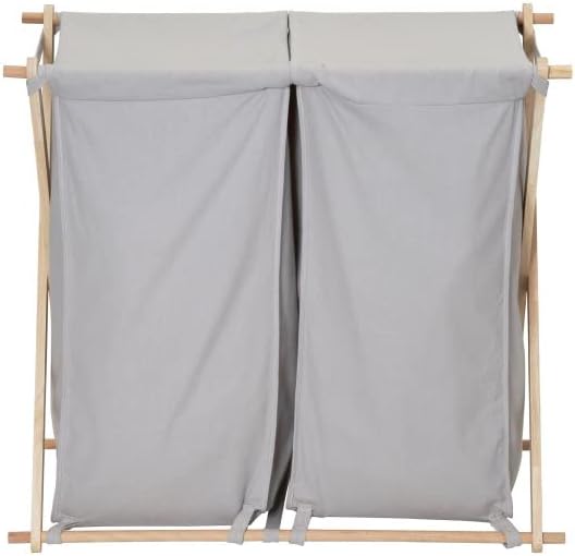 Household Essentials X-Frame Wood Laundry Sorter, Collapsible Wood Frame with Washable Gray Poly-Cotton Bags, Naturally Stylish Large