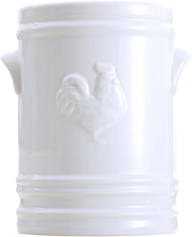 WAIT FLY Embossed Rooster Porcelain Kitchen Utensil Holder Flatware Storage Organizer Utensil Crock for Countertop Kitchen Counter Decor-White