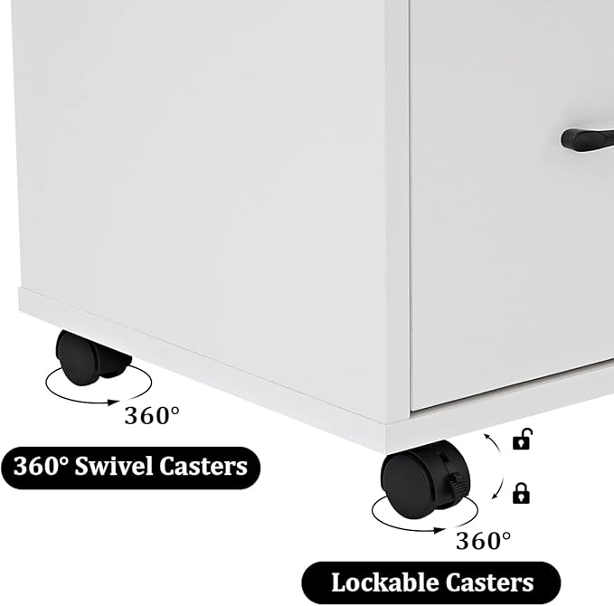 Panana 3 Drawer Office File Cabinets, Mobile Lateral Printer Stand with Open Storage Shelf, Rolling Filing Cabinet with Wheels Home Office Organization and Storage (White)