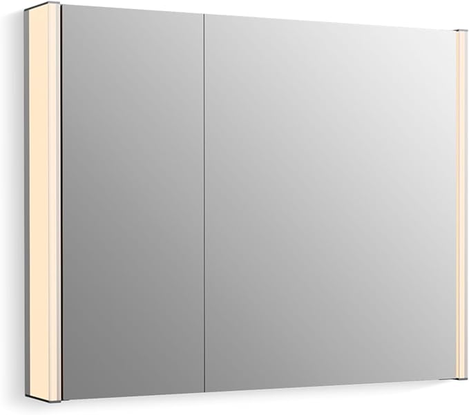 Kohler 81146-SLE-DA1 Maxstow Frameless Two-Door Medicine Cabinet Mirror with Lights, LED Light, Mirror Door & Staggered Shelves, Rectangular Frame, 32 in. W x 24 in. H