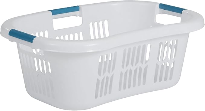 Rubbermaid 4 Pack Small Laundry Basket, 2.1 Bushel Bedroom Hamper, Hip-Hugger Plastic Clothing Bin with Carrying Handles, White