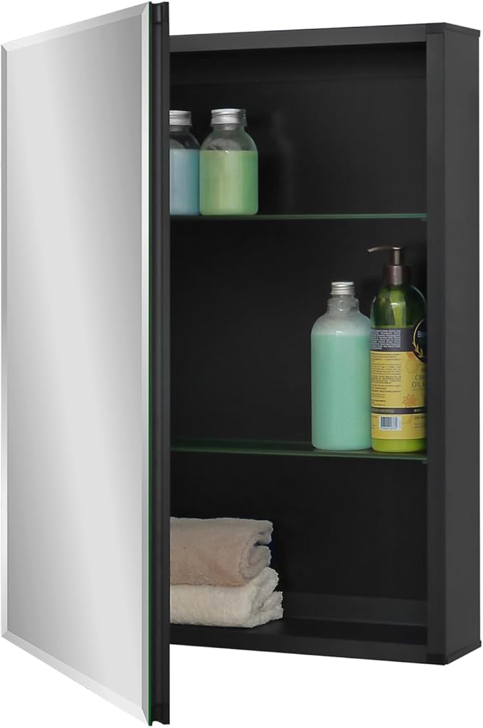 Fundin Medicine Cabinet 20 x 26 inches Mirror Size, Recessed or Surface Mount, Black Aluminum Bathroom Wall Cabinet with Mirror and Adjustable Shelves.