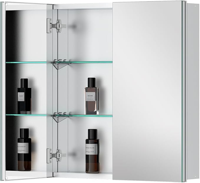 Quavikey Medicine Cabinet with Mirror for Bathroom 2 Doors Aluminum Surface Mount or Recessed Mirror Medicine Cabinet 24x26 Inch, Silver