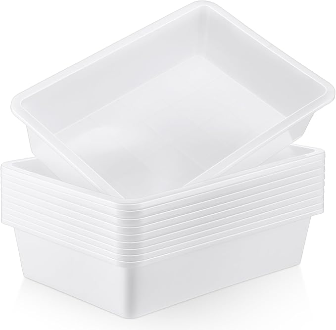 Hoteam 10 Pcs Flat Storage Organizer Tray Bin Letter Size Paper Tray for Classroom Plastic Stackable File Organizer for School Office Teacher Book Organization（ White, 13.78 x 9.84 x 3.15 Inch）