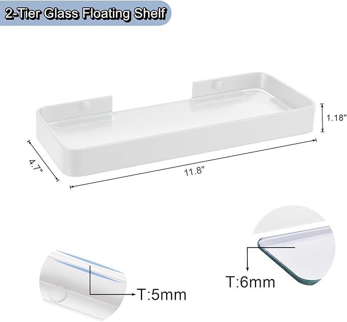 Z metnal Small Glass Bathroom Shelves, Floating Shelf, Mini Wall Shelf for Bathroom Organizer, Wall Mounted, White, 12 inch / 30cm