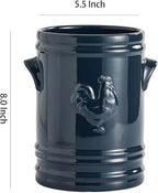 WAIT FLY Embossed Rooster Porcelain Kitchen Utensil Holder Flatware Storage Organizer Utensil Crock for Countertop Kitchen Counter Decor-Blue