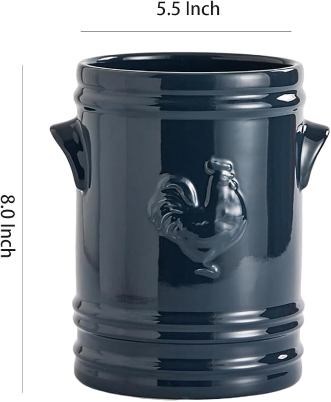 WAIT FLY Embossed Rooster Porcelain Kitchen Utensil Holder Flatware Storage Organizer Utensil Crock for Countertop Kitchen Counter Decor-Blue