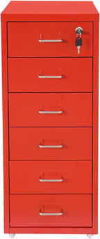 6 Drawer File Cabinet, Metal Vertical Office Filing Cabinets with Lock, Home Office Narrow Storage Cabinet for A4/F4/Letter/Legal (Red)