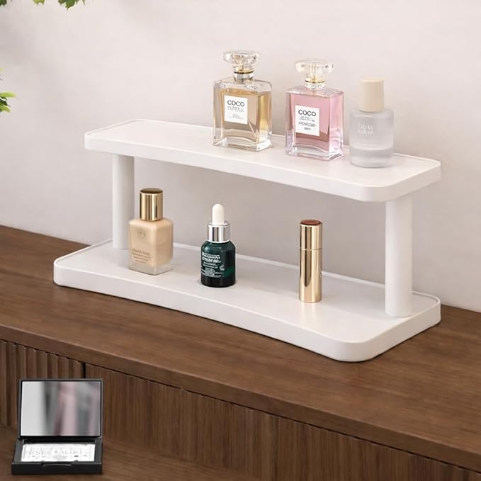 Bamboo Desktop Perfume Organizer Shelf – Wooden Storage Rack for Perfume, Makeup, Coffee Mugs – Natural Bamboo Display Stand for Vanity, Bathroom, Office (White, 2)