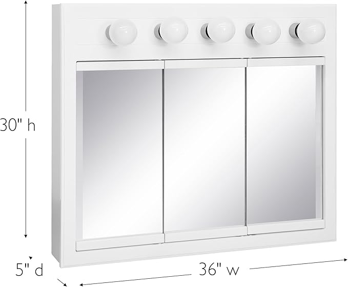 Design House Concord Medicine Cabinet, 3 Mirrored Doors, Pre-Assembled, Surface Mount, 5 Lights, White Wood Frame Wall Cabinet, 36 in W x 5 in D x 30 in H, 532390-WHT