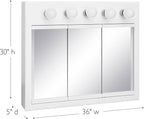 Design House Concord Medicine Cabinet, 3 Mirrored Doors, Pre-Assembled, Surface Mount, 5 Lights, White Wood Frame Wall Cabinet, 36 in W x 5 in D x 30 in H, 532390-WHT