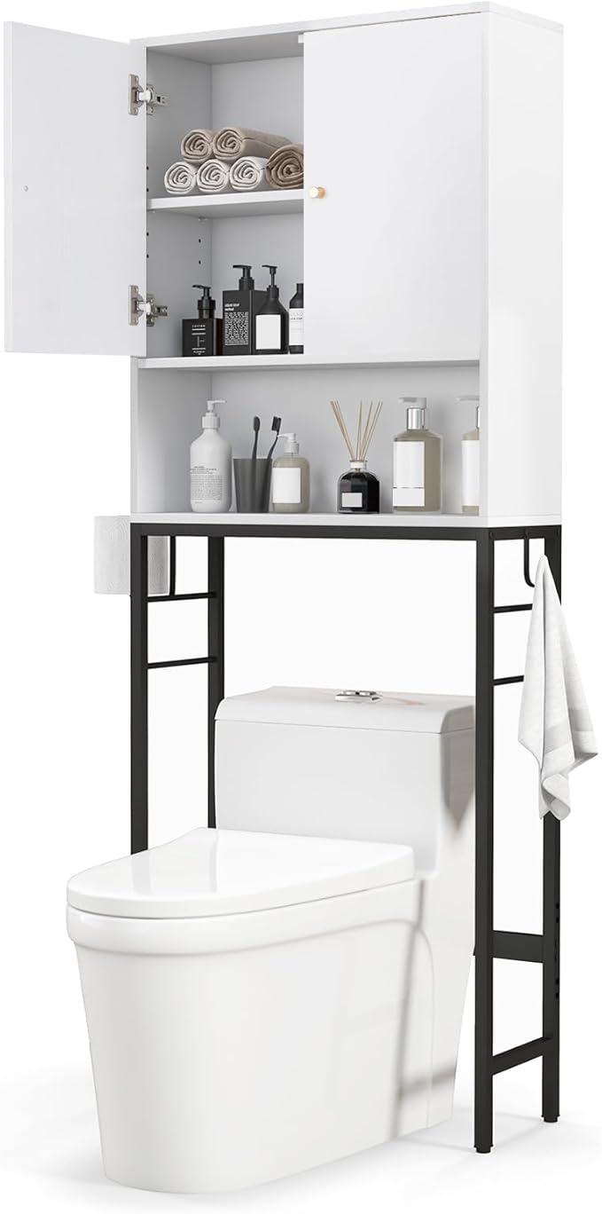 Tangkula Over The Toilet Storage Cabinet, Bathroom Space Saver Organizer with 2 Doors, Metal Stand, 2 Side Hooks, Freestanding Above Toilet Storage Cabinet for Restroom Laundry (White)
