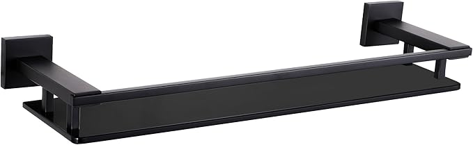 LANC Black Bathroom Shelves Glass Shelf 20-Inch Floating Tempered Glass Shelf Rectangular Modern Stainless Steel Wall Mounted Shelves for Shower Bathroom Kitchen Organizers Accessories ，A7613AB