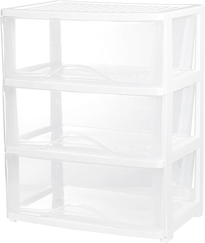 BYCY 3 Drawer White Plastic Storage Organizer Rolling Cart with Wheels Casters,Assemble Organizer Cart Storage Bin Paper Organizer for Office Art Craft Supplies Dresser Classroom and Home,Wide