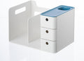 White Plastic Desktop Organizer with File Holder,3-tier Drawers with Pen Holder,Book Stand for Office Supplies and Desk Accessories (White+Blue)