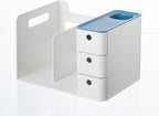 White Plastic Desktop Organizer with File Holder,3-tier Drawers with Pen Holder,Book Stand for Office Supplies and Desk Accessories (White+Blue)