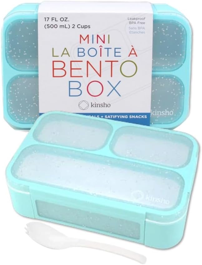 kinsho Small Snack Containers for Kids Toddlers - 3 Compartments (Set of 2) - Leak-proof Reusable Snack Boxes with Lids - BPA-Free Mini Bento Lunch Box - Holds 2 Cups (Pastel Blue + Teal Sparkle)