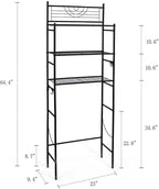3-Tier Bathroom Over The Toilet Storage Rack Free Standing Metal Frame Shelf Organizer, with 4-Hooks, Black