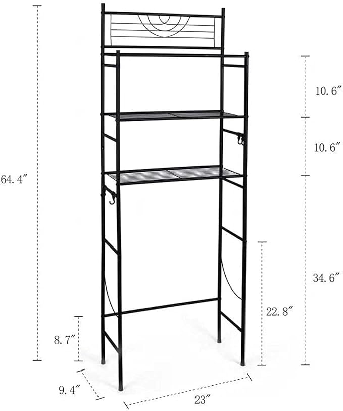 3-Tier Bathroom Over The Toilet Storage Rack Free Standing Metal Frame Shelf Organizer, with 4-Hooks, Black