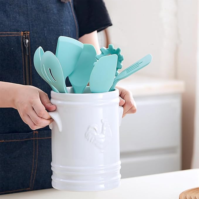 WAIT FLY Embossed Rooster Porcelain Kitchen Utensil Holder Flatware Storage Organizer Utensil Crock for Countertop Kitchen Counter Decor-White
