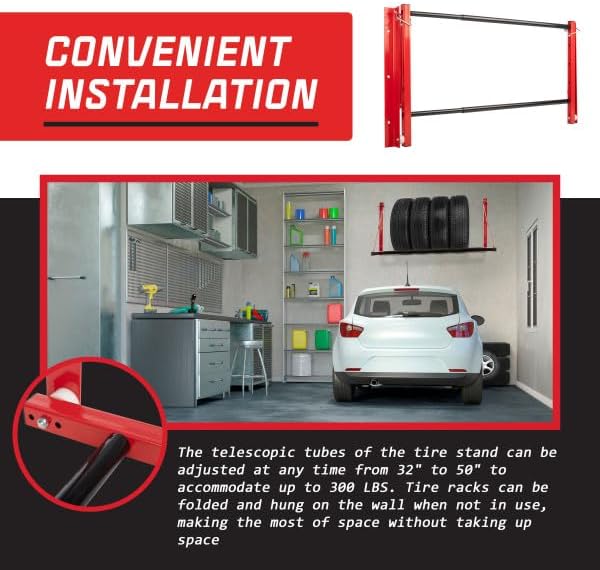 Tire Rack - 32 to 50in Adjustable Tire Storage Rack - Wall Mounted Garage Shelving for Seasonal Tires - 300lb Capacity - Car Accessories by Stalwart