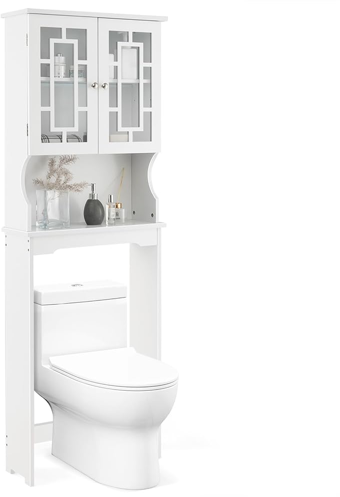 Giantex Over The Toilet Storage Cabinet, Above Toilet Bathroom Organizer with Tempered Glass Doors & Adjustable Shelf, Freestanding Space Saver Rack for Restroom, Laundry