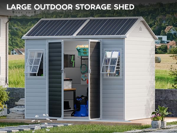 WACASA 8x6 FT Resin Plastic Shed with Floor, Heavy-Duty 21-Gauge Reinforced Steel Frame, 16mm Ultra-Thick Panels, Outdoor Storage Sheds with Awning Windows and Air Vents