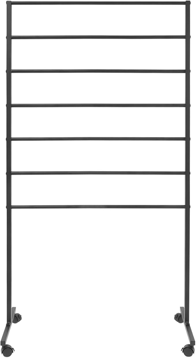 Scarf Organizer Stand, 7-Tier Freestanding Scarf Display Rack with Wheels, Metal Scarf Holder Belt Pants Hanger for Commercial Clothing Retail Store Home, 31.5" x 15.7" x 59"(Black)