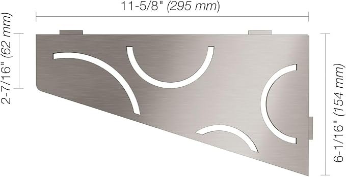 Schluter Quadrilateral Corner Shelf for Tiled Walls - Curve Design, Stainless Steel Material, Brushed Stainless Steel Finish, 3/32" Thick Anchoring Tabs - SES3D6EB